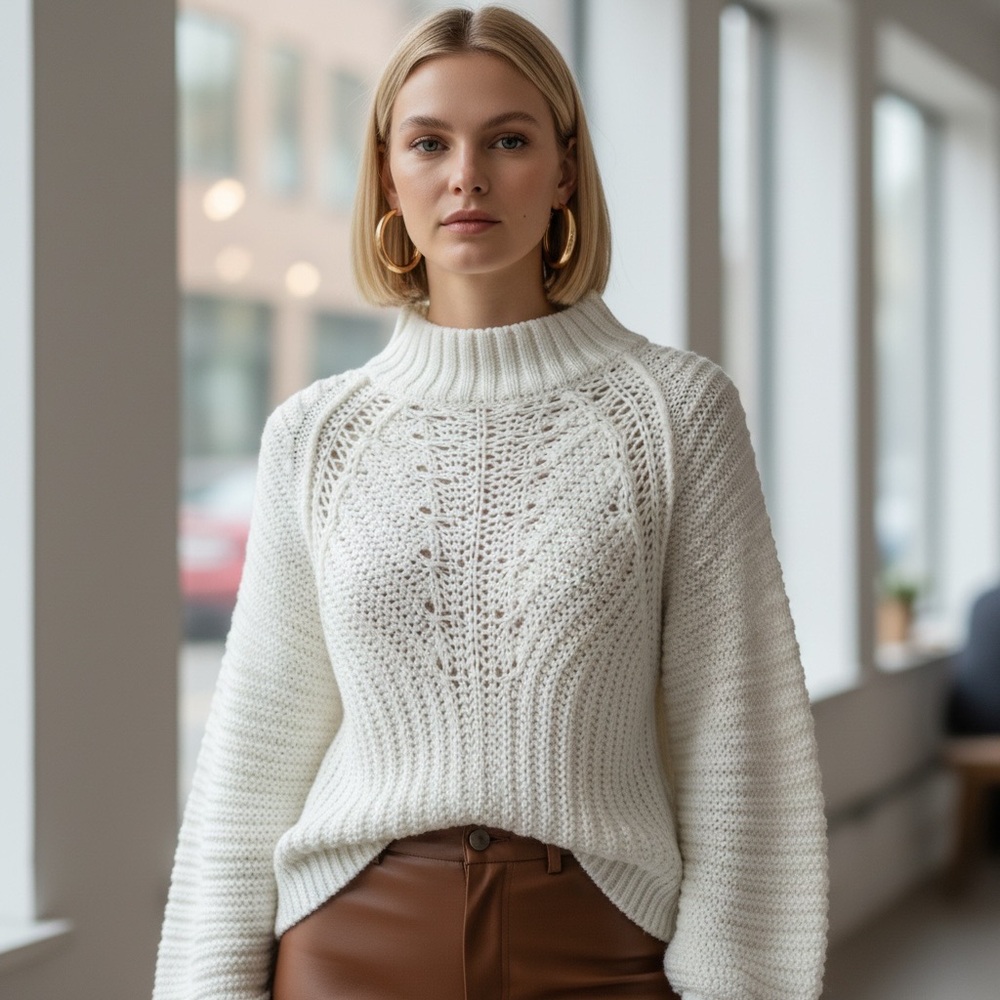 Free People Crochet Knit High Neck Sweater XS Ivory Cotton